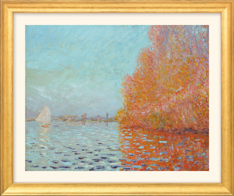 Claude Monet: Bild "Die Bucht von Argenteuil mit einem Segelboot" (1874), Version goldfarben gerahmt