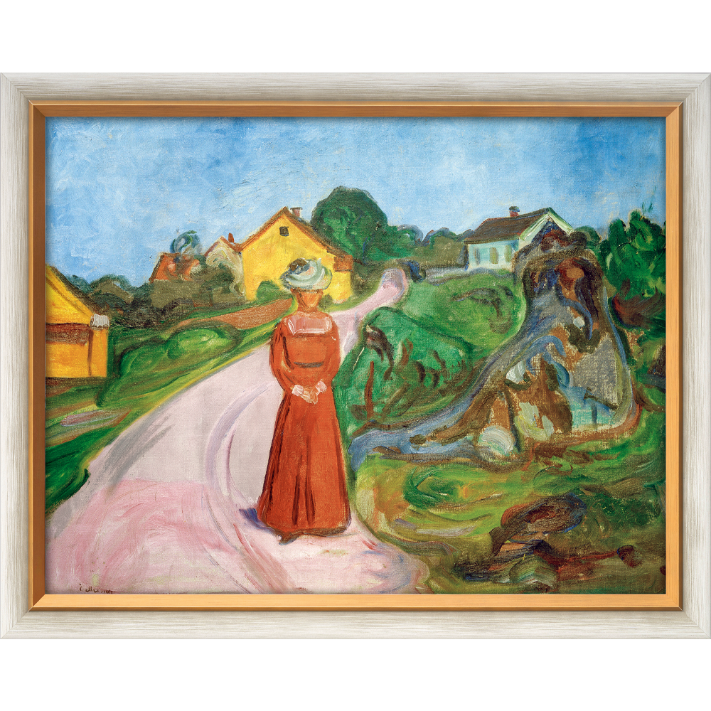 Edvard Munch: Bild "Frau im roten Kleid (Straße in Asgardstrand)" (1902/03), gerahmt