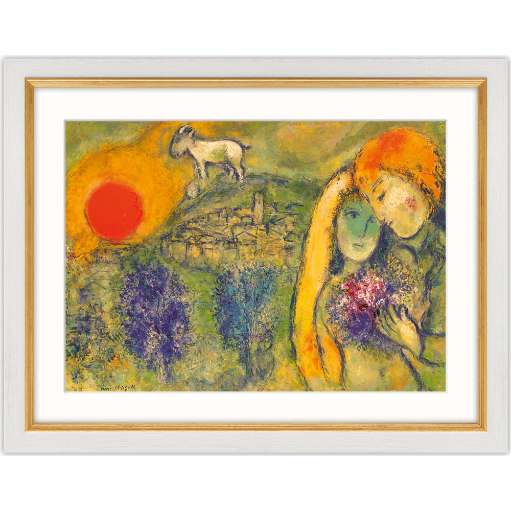 Marc Chagall: Bild "Die Liebenden von Vence (Les Amoureux de Vence)" (1957), Version weiß-goldfarben gerahmt