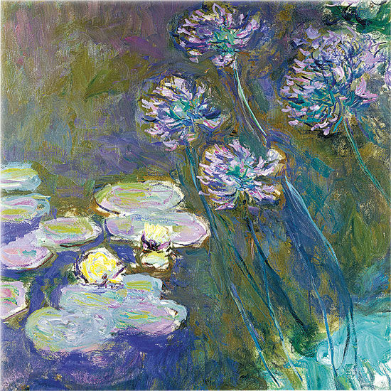 Claude Monet: Glasbild "Gelbe Seerosen und Agapanthus"