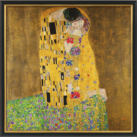 Gustav Klimt: Bild "Der Kuss" (1907-08), schwarz-goldfarben gerahmt
