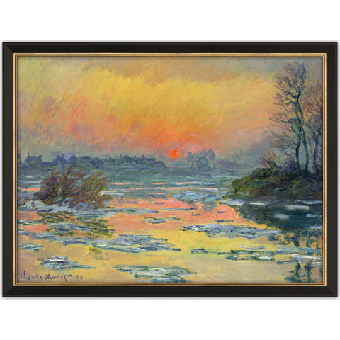 Claude Monet: Bild „Sonnenuntergang an der Seine“ (1880), Schwarz-goldfarbene Rahmung
