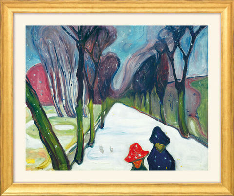 Edvard Munch: Bild "Allee im Schneegestöber" (1906) - aus "Jahreszeiten-Zyklus", Version goldfarben gerahmt