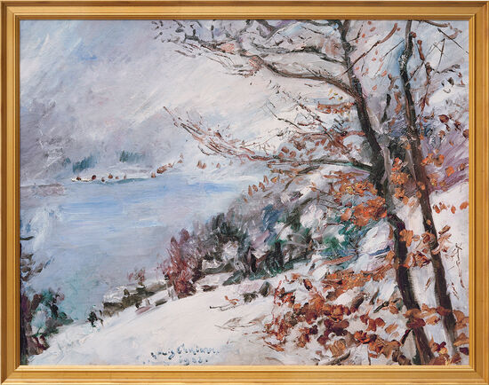 Lovis Corinth: Bild "Walchensee im Winter" (1923), Version goldfarben gerahmt
