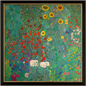 Gustav Klimt: Bild "Bauerngarten mit Sonnenblumen", Version schwarz-goldfarben gerahmt