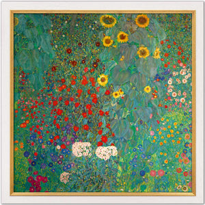 Gustav Klimt: Bild "Bauerngarten mit Sonnenblumen", Version weiß-goldfarben gerahmt