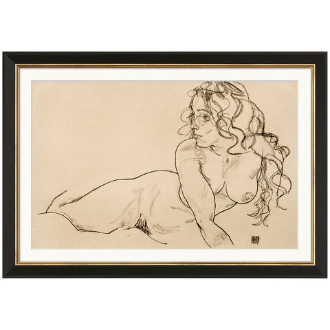 Egon Schiele: Bild &quot;Sich aufstützender weiblicher Akt mit langem Haar&quot; (1918), gerahmt - Bild 1